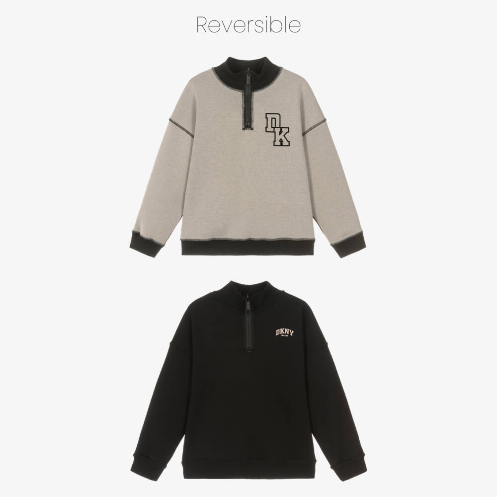 DKNY-Boys Beige & Black Reversible Quarter-Zip Sweatshirt | Childrensalon