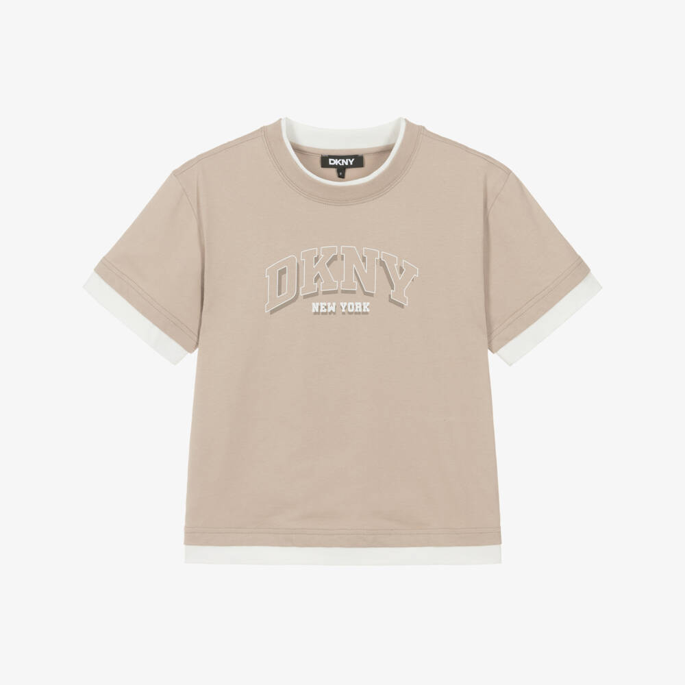 DKNY-Boys Beige Cotton Varsity Logo Layered T-Shirt | Childrensalon