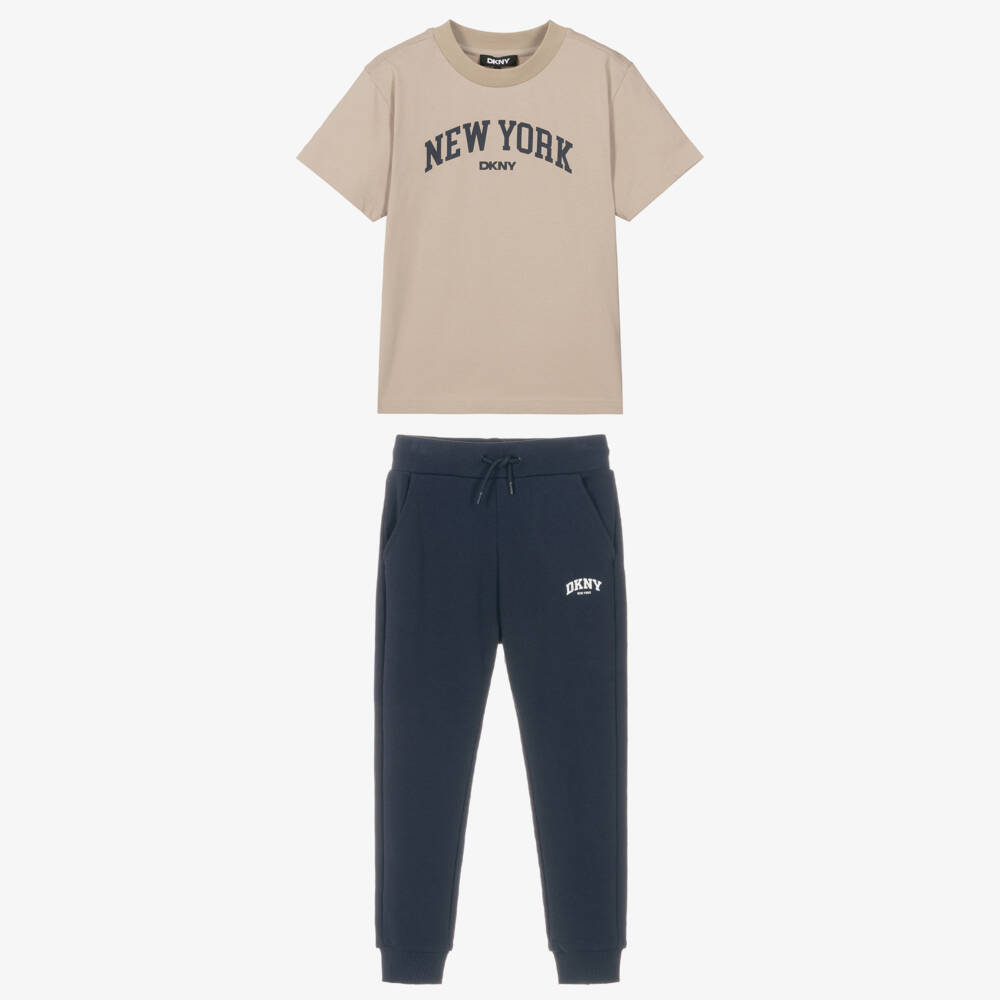 DKNY-Boys Beige T-Shirt & Blue Joggers Set | Childrensalon