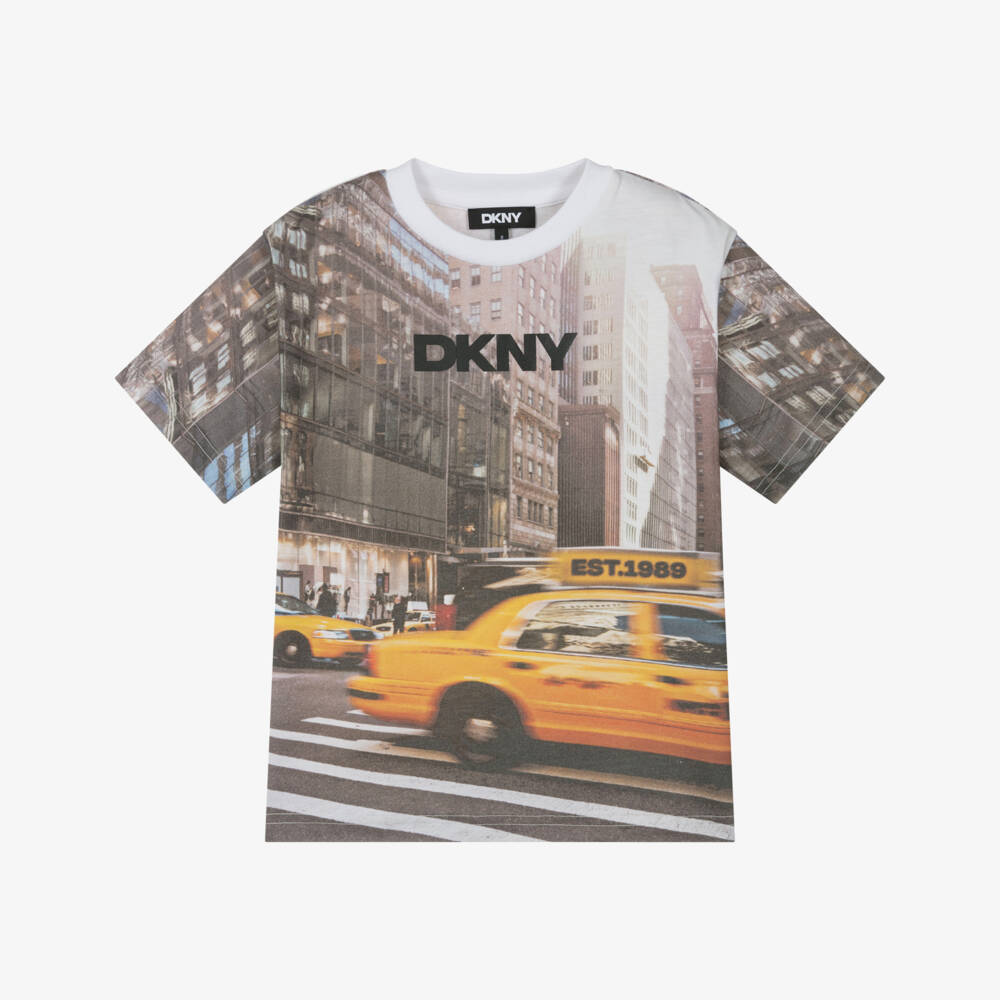 DKNY-تيشيرت قطن بطبعة نيويورك لون أصفر وبني للاولاد | Childrensalon