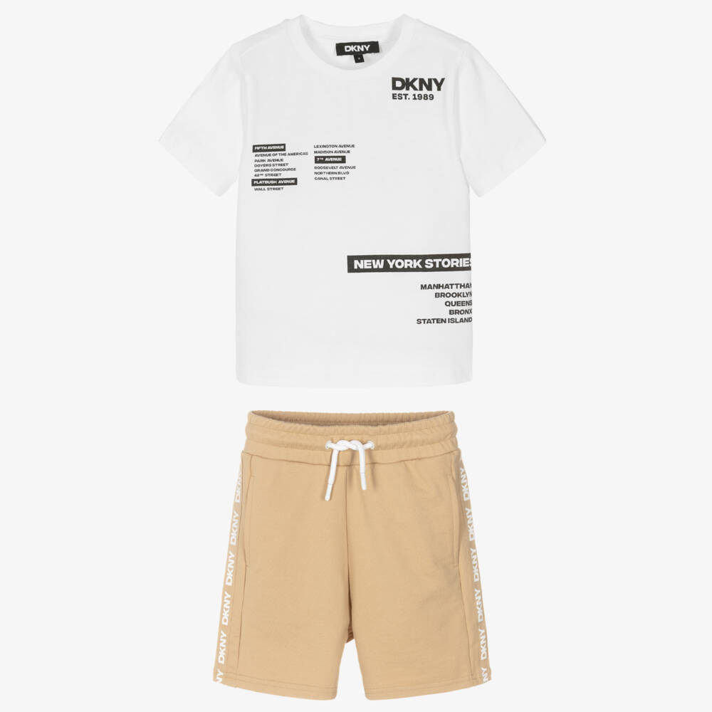 DKNY-طقم شورت قطن لون أبيض وبيج للأولاد | Childrensalon