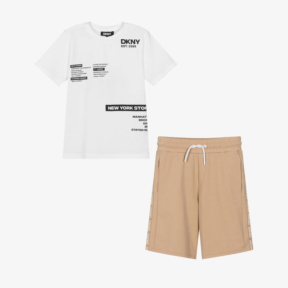 DKNY-Boys White & Beige Cotton Jersey Shorts Set | Childrensalon