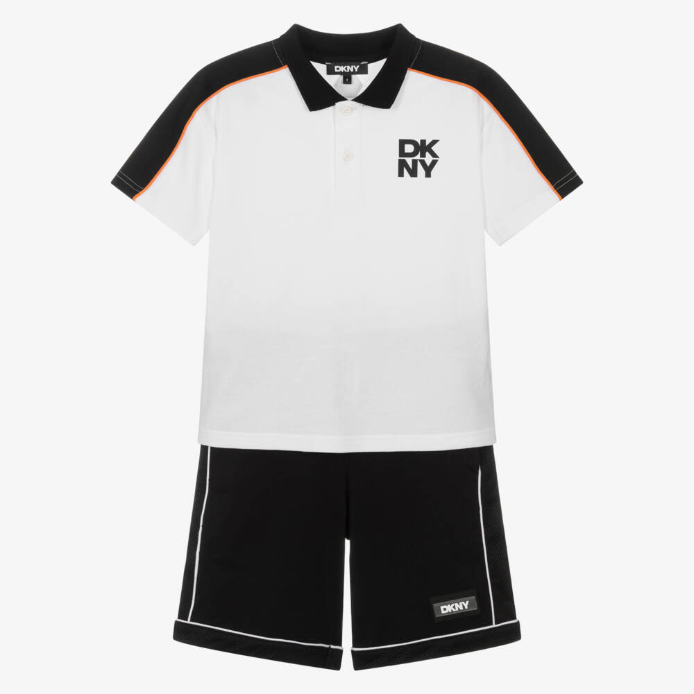 DKNY-Boys White & Black Jersey Shorts Set with Logo Print | Childrensalon