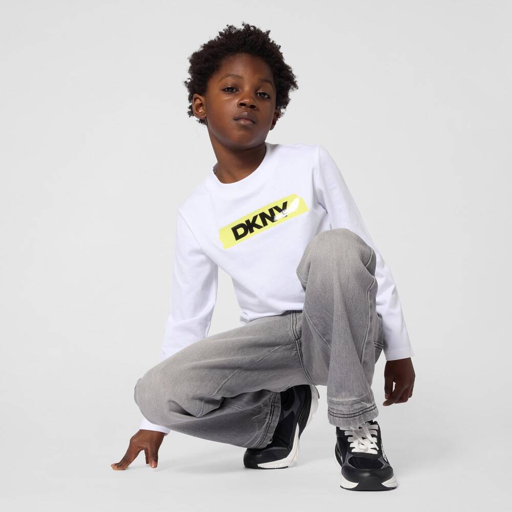 DKNY-Boys White Long Sleeve T-Shirt with Yellow Tape | Childrensalon