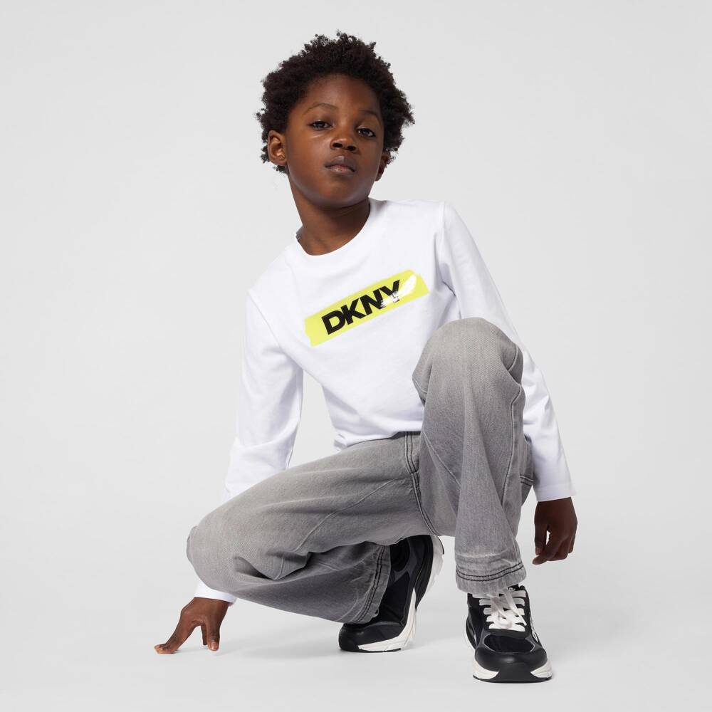 DKNY-Boys White Long Sleeve T-Shirt with Yellow Tape | Childrensalon