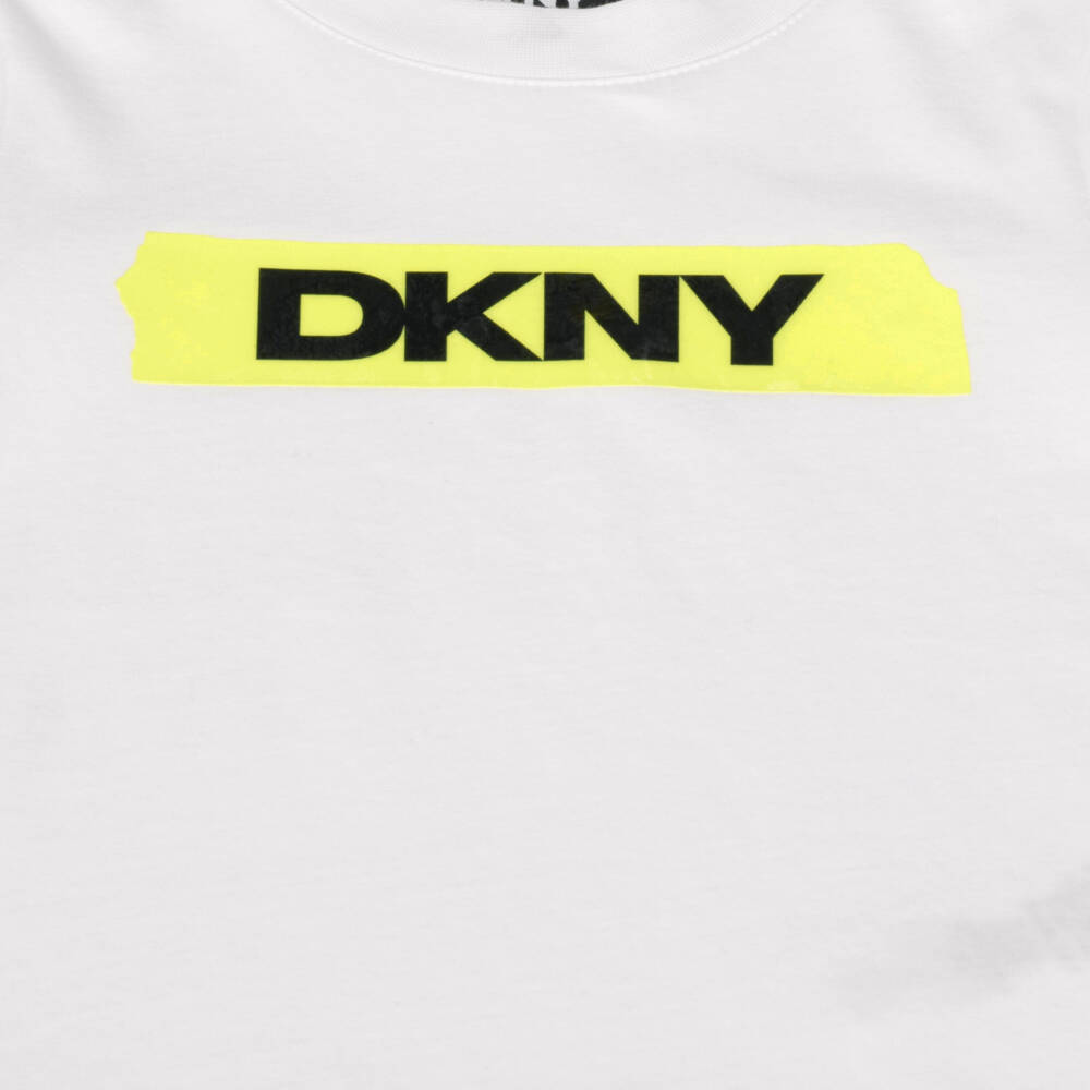 DKNY-Boys White Long Sleeve T-Shirt with Yellow Tape | Childrensalon