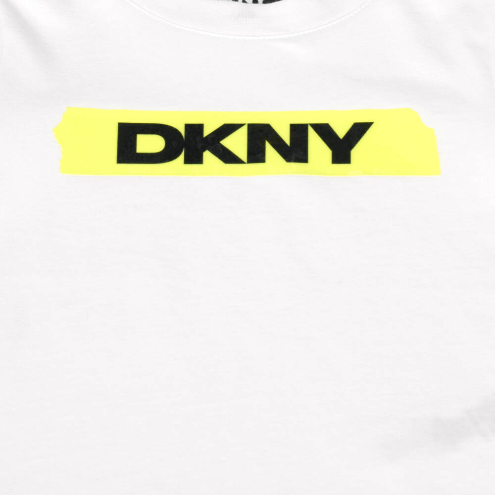 DKNY-Boys White Long Sleeve T-Shirt with Yellow Tape | Childrensalon