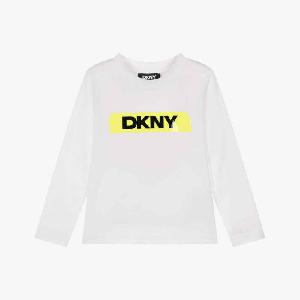 DKNY-Boys White Long Sleeve T-Shirt with Yellow Tape  | Childrensalon