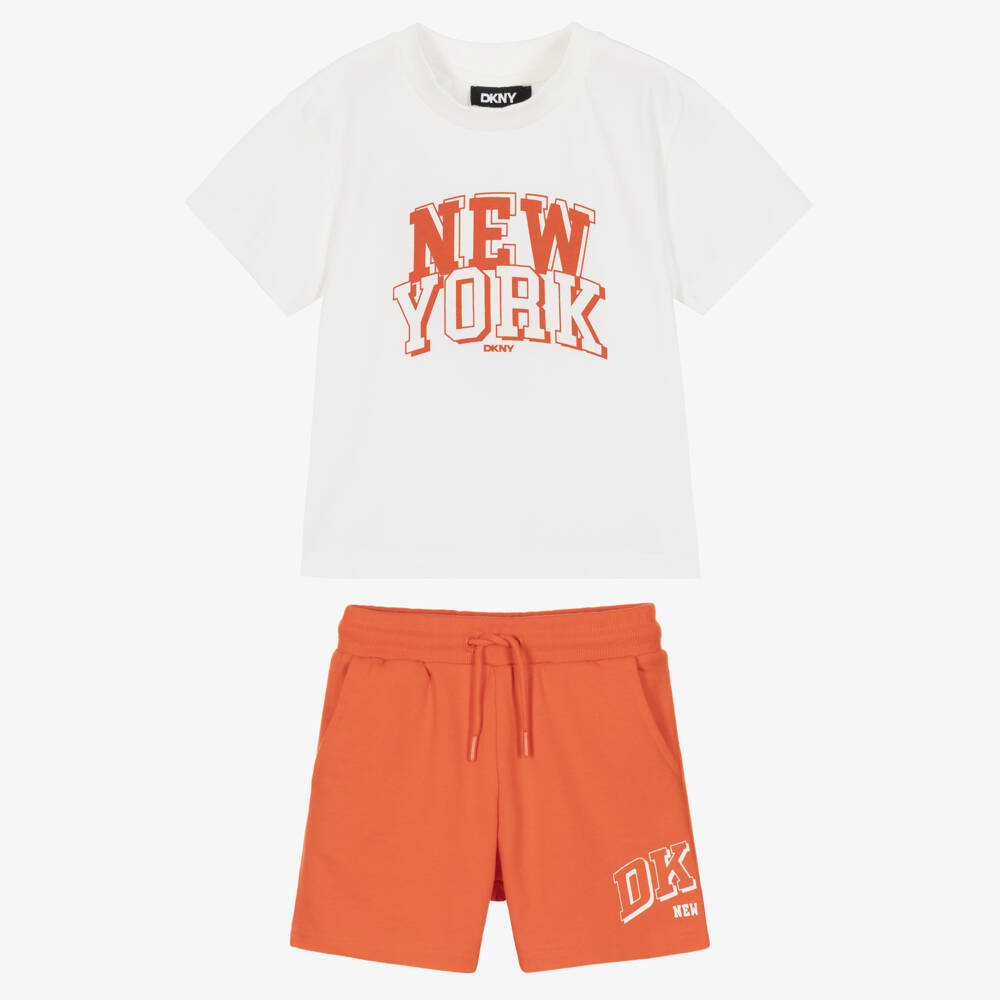 DKNY-Boys White & Orange NYC Jersey Shorts Set | Childrensalon