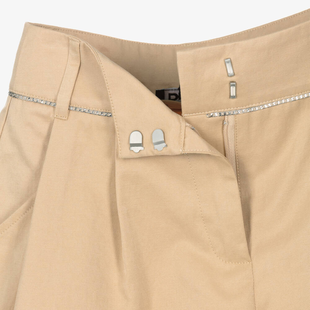 DKNY-Girls Beige Cotton Shorts with Silver Logo & Chain Detailing | Childrensalon