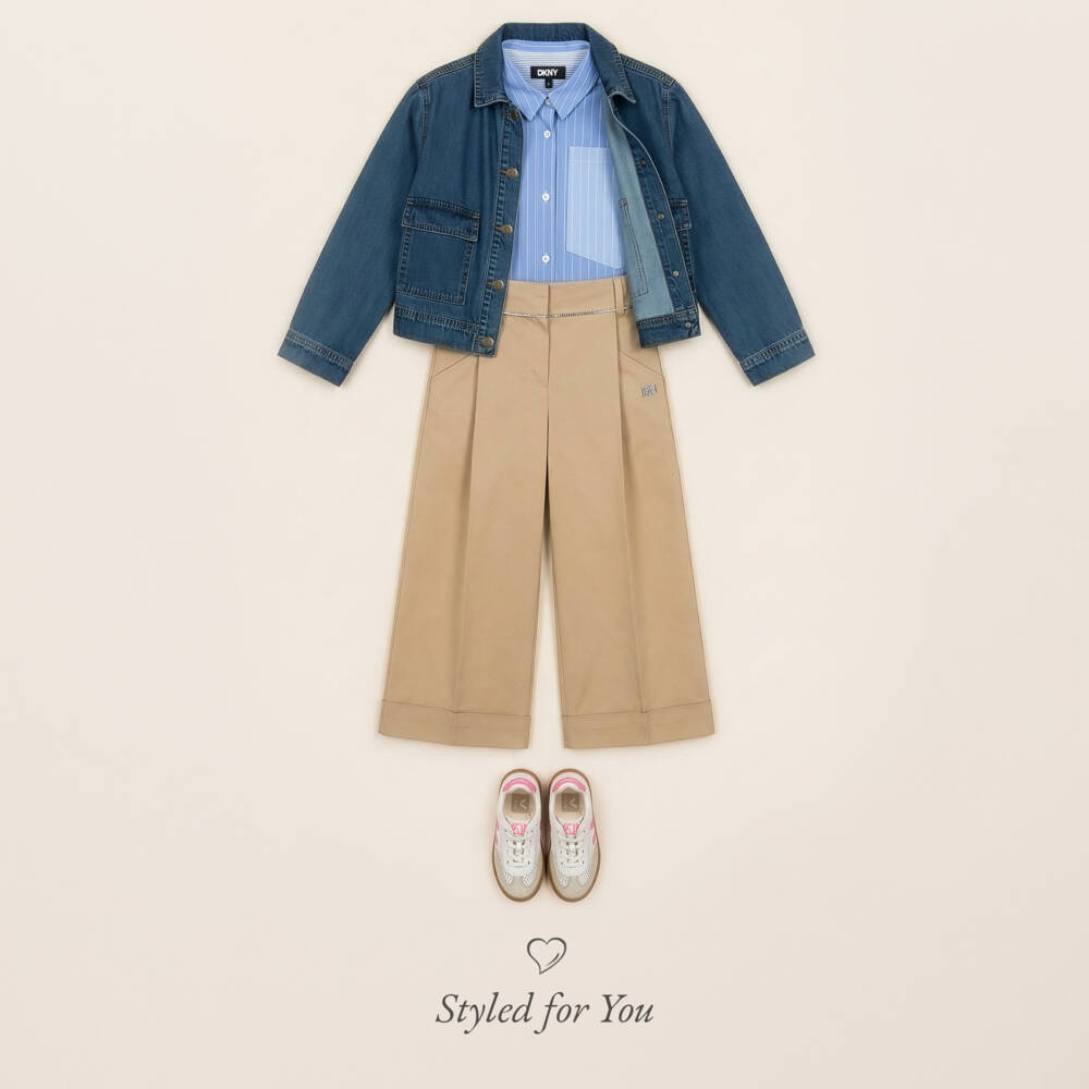 DKNY-Girls Beige Cotton Trousers with Silver Logo & Chain Detailing | Childrensalon