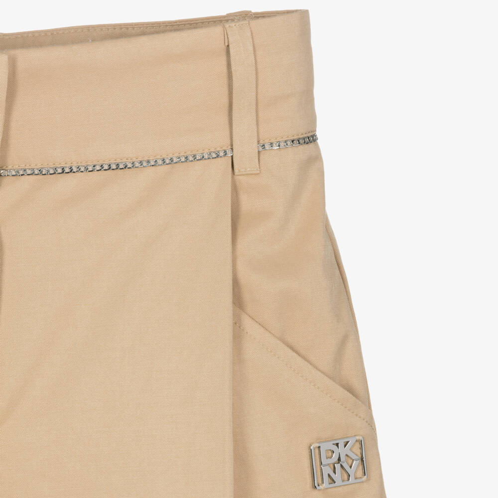 DKNY-Girls Beige Cotton Trousers with Silver Logo & Chain Detailing | Childrensalon
