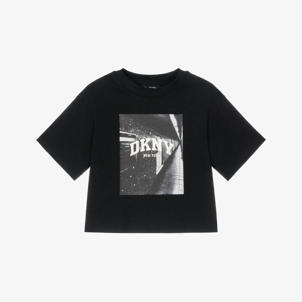 DKNY-Girls Black Cotton Graphic Print Boxy T-Shirt | Childrensalon