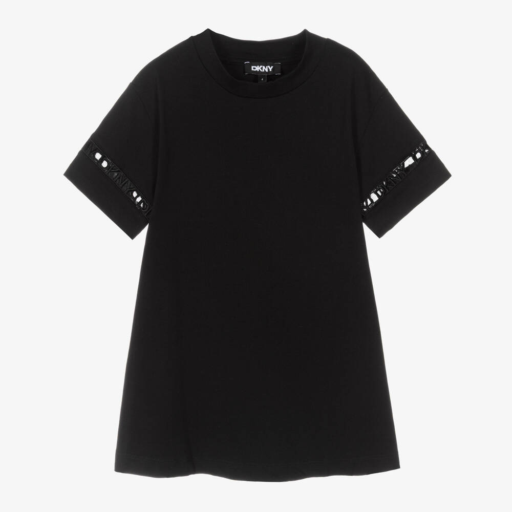 DKNY-Girls Black Cotton Jersey Dress with Logo Sleeves | Childrensalon