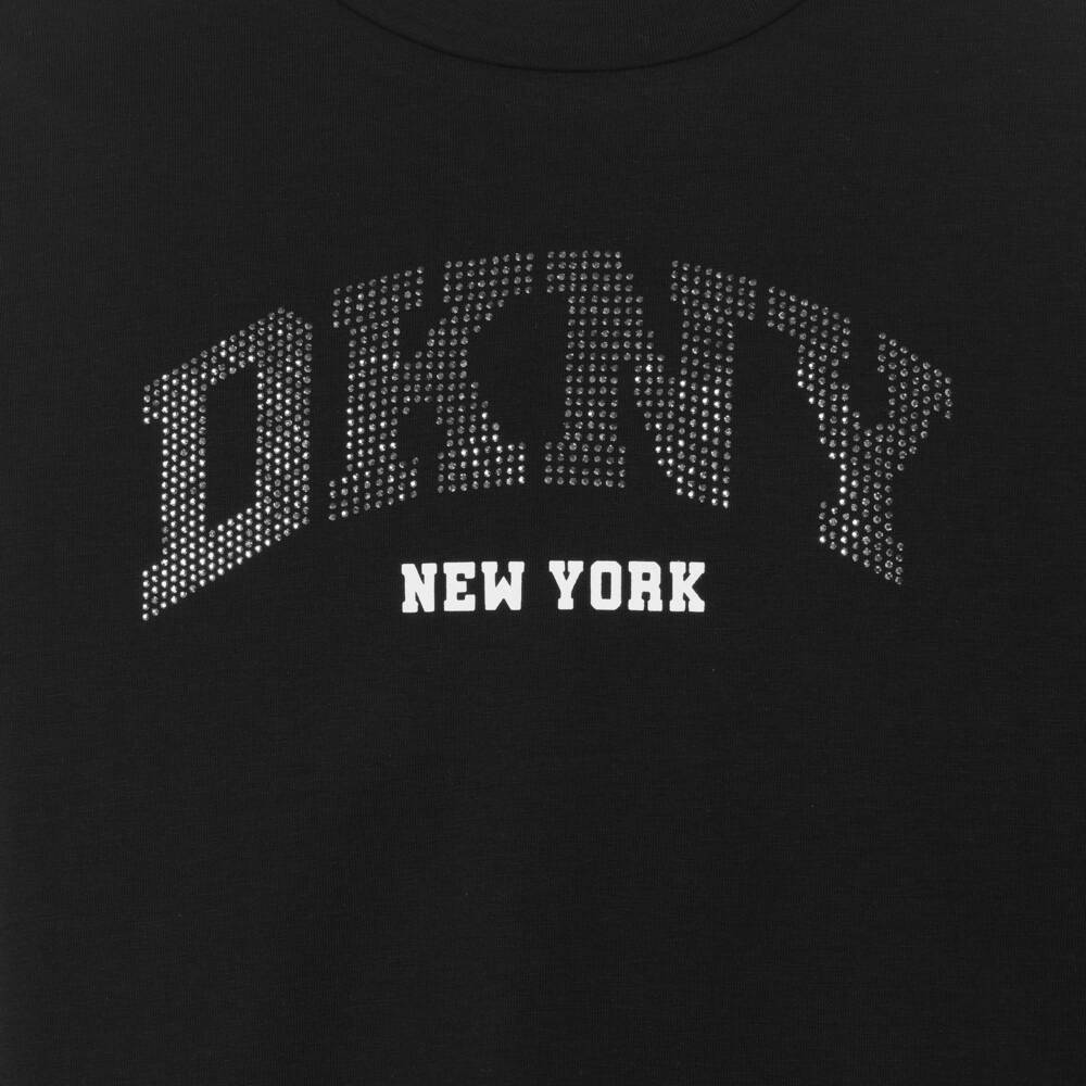 DKNY-Girls Black Cotton Long Sleeved Top with Diamanté Logo | Childrensalon