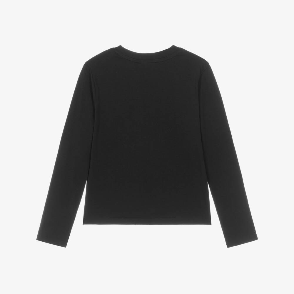 DKNY-Girls Black Cotton Long Sleeved Top with Diamanté Logo | Childrensalon