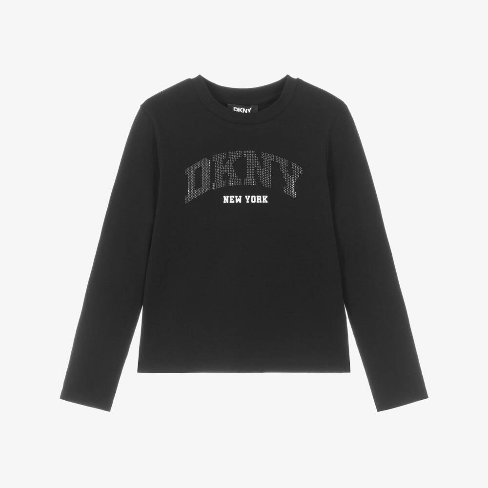 DKNY-Girls Black Cotton Long Sleeved Top with Diamanté Logo | Childrensalon