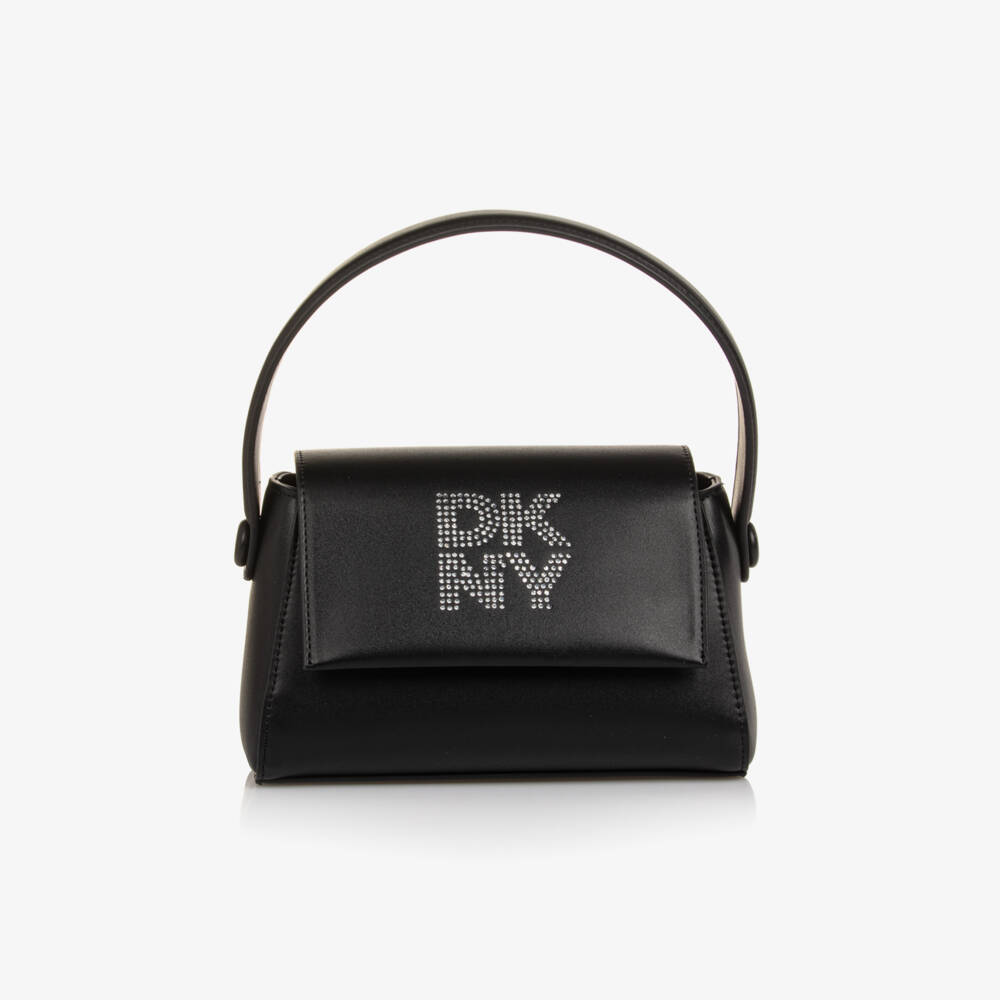 DKNY-Girls Black Faux Leather Handbag with Diamanté Logo (19cm) | Childrensalon