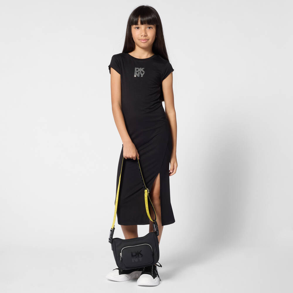 DKNY-Girls Black Jersey Midi Dress with Diamanté Logo | Childrensalon