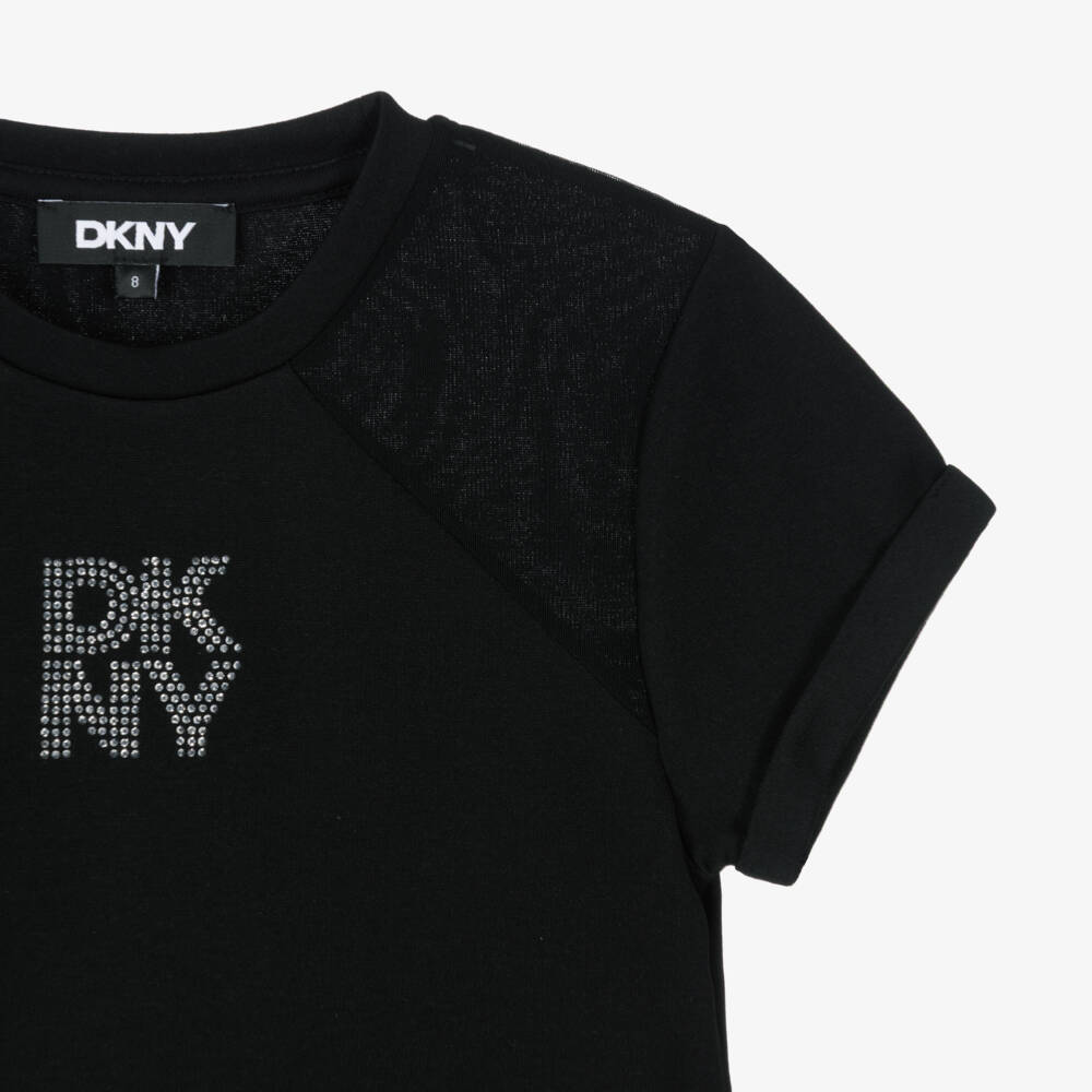 DKNY-Girls Black Jersey T-Shirt with Stacked Diamanté Logo | Childrensalon