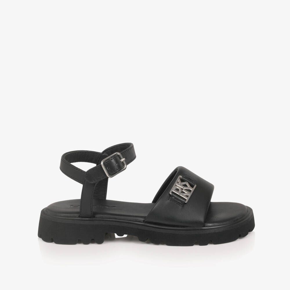 DKNY-Girls Black Leather Sandals with DKNY Logo | Childrensalon