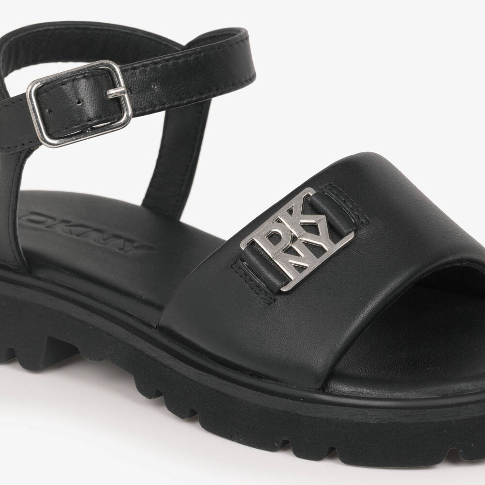 DKNY-Girls Black Leather Sandals with DKNY Logo | Childrensalon