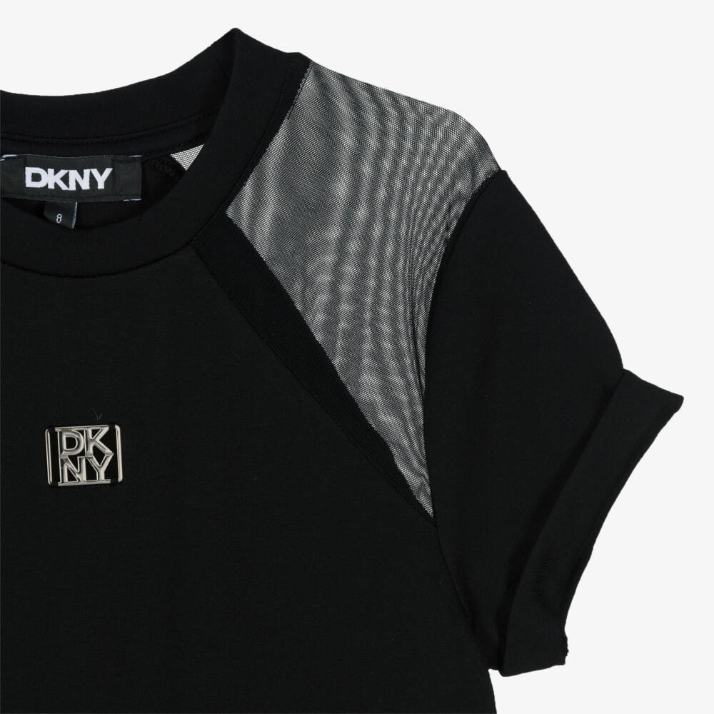DKNY-فستان ميلانو جيرسي وشبك بشعار لون أسود للبنات | Childrensalon