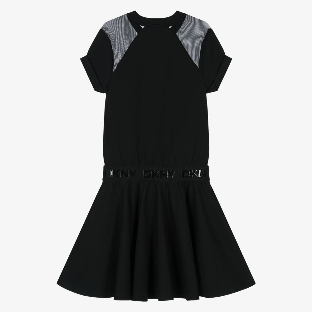 DKNY-فستان ميلانو جيرسي وشبك بشعار لون أسود للبنات | Childrensalon