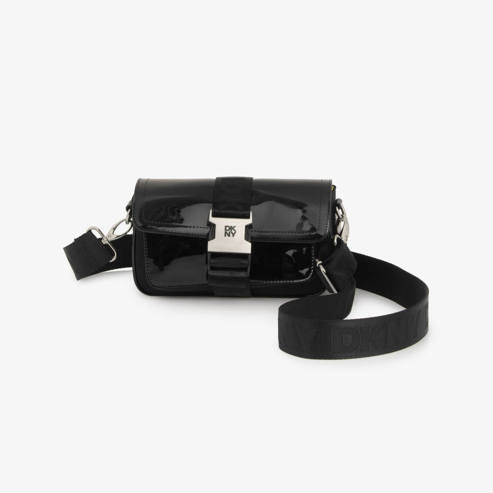 DKNY-Girls Black Patent Crossbody Bag (20cm) | Childrensalon