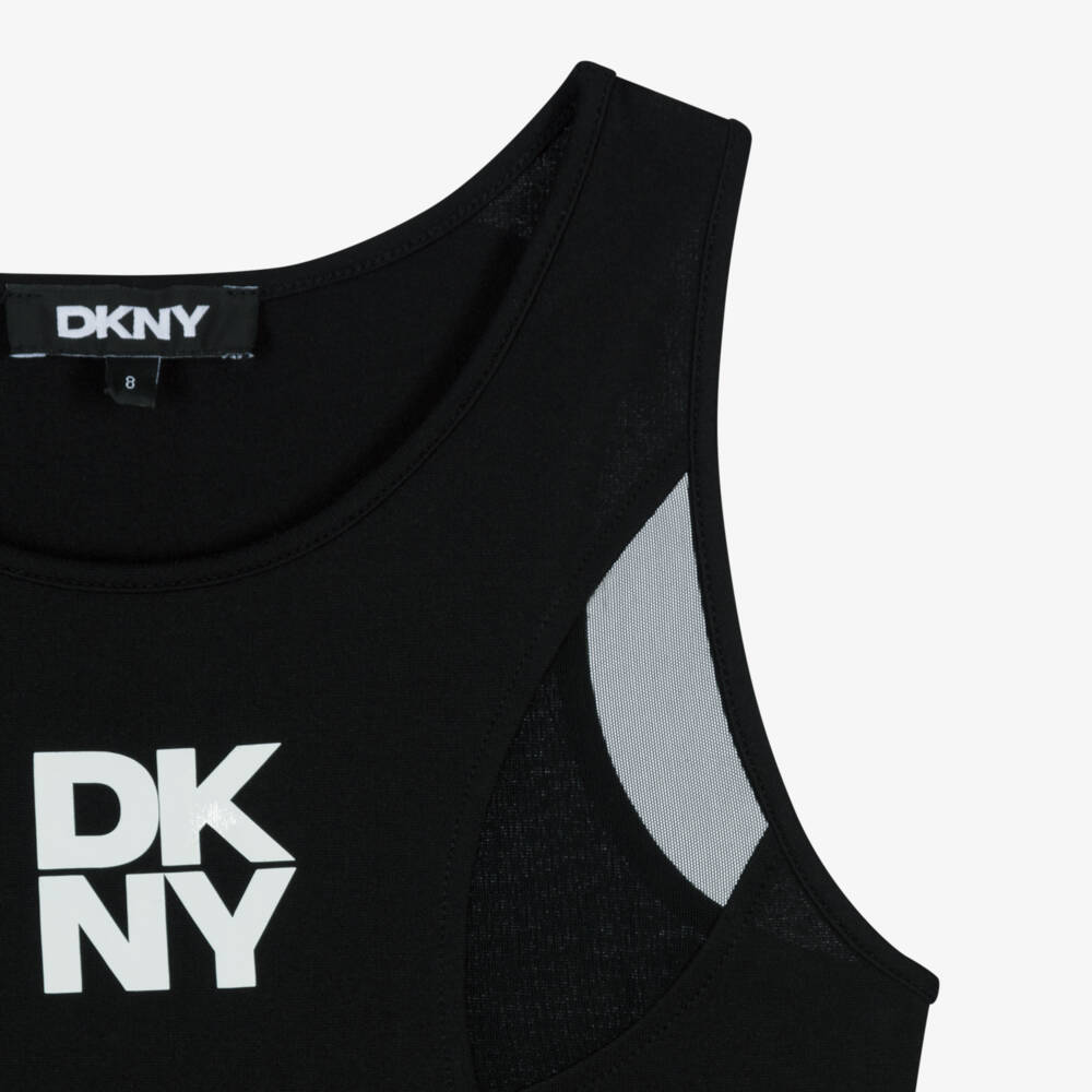 DKNY-Girls Black Scuba Jersey & Mesh Vest Top with Stacked Logo | Childrensalon