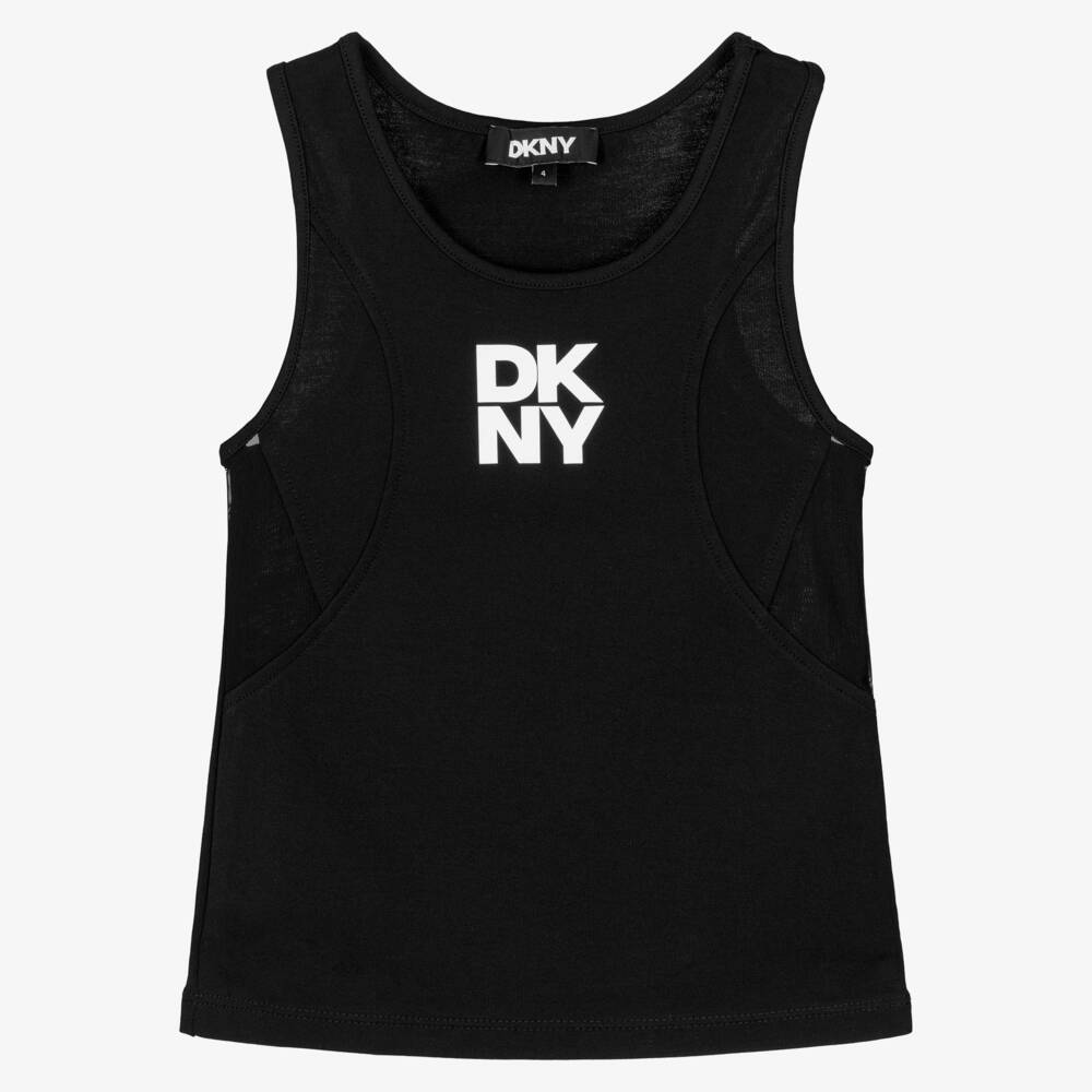DKNY-Girls Black Scuba Jersey & Mesh Vest Top with Stacked Logo | Childrensalon