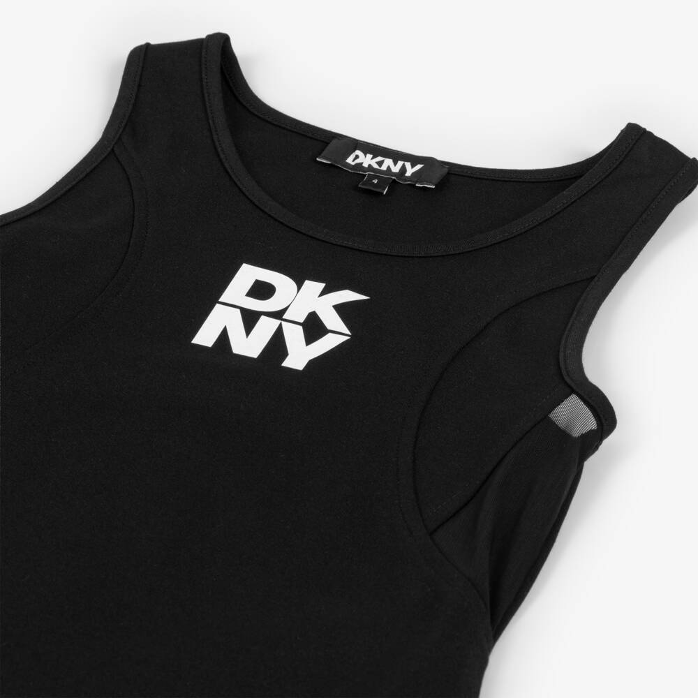 DKNY-Girls Black Scuba Jersey & Mesh Vest Top with Stacked Logo | Childrensalon