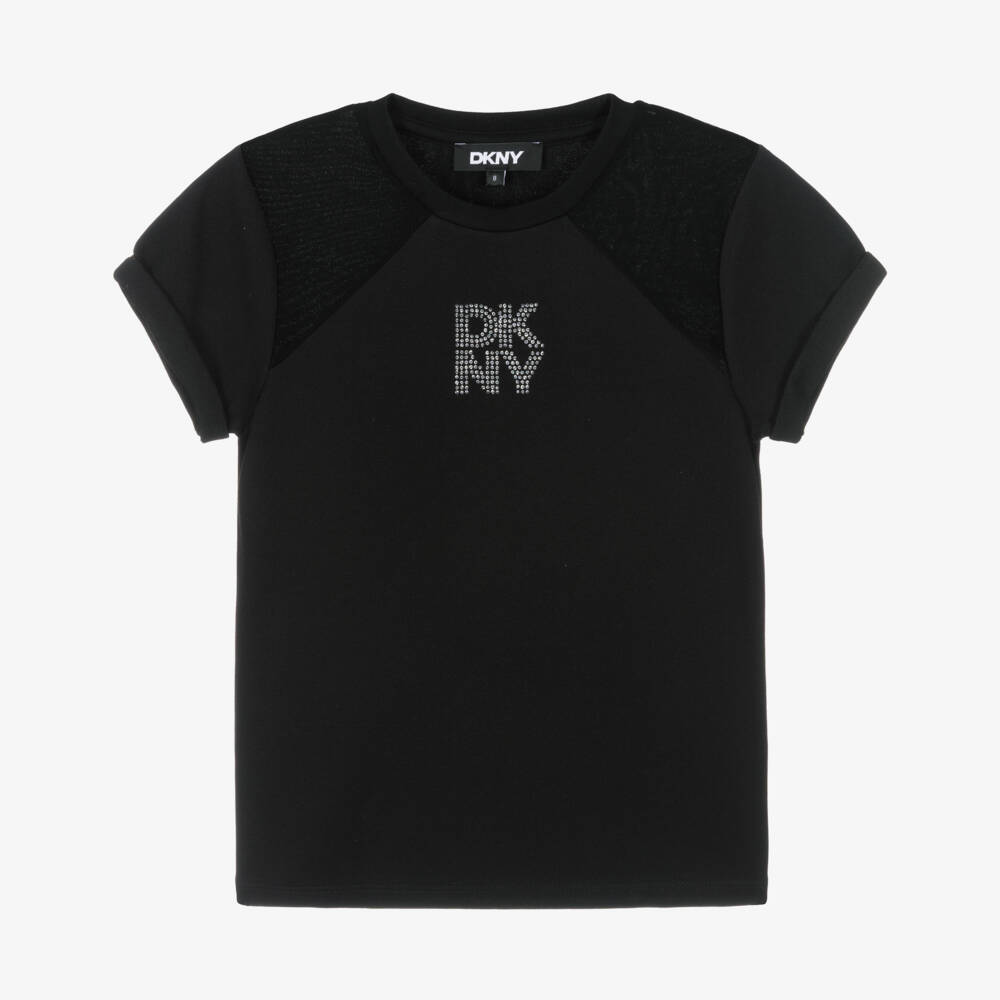DKNY-Girls Black Scuba Jersey T-Shirt with Stacked Diamanté Logo | Childrensalon