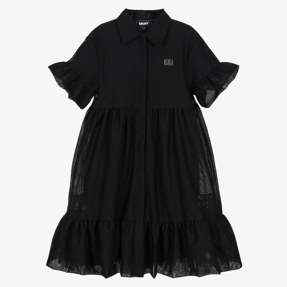 DKNY-فستان شبك بطبقات لون أسود للبنات  | Childrensalon