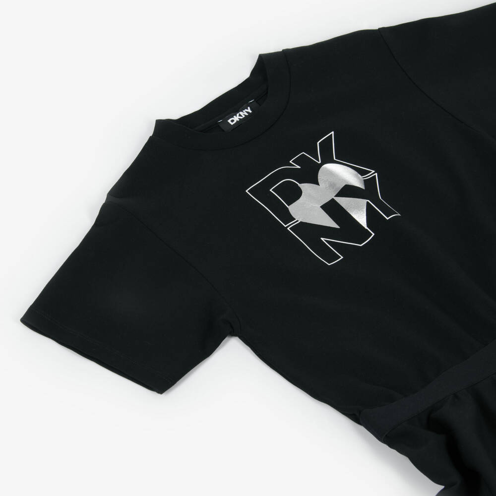 DKNY-فستان بشعار قلب فضي فيسكوز جيرسي لون أسود | Childrensalon