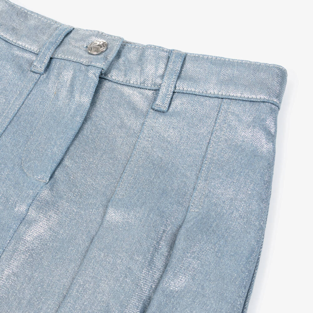 DKNY-Girls Blue Pleated Denim Skirt with Metallic Silver Finish | Childrensalon