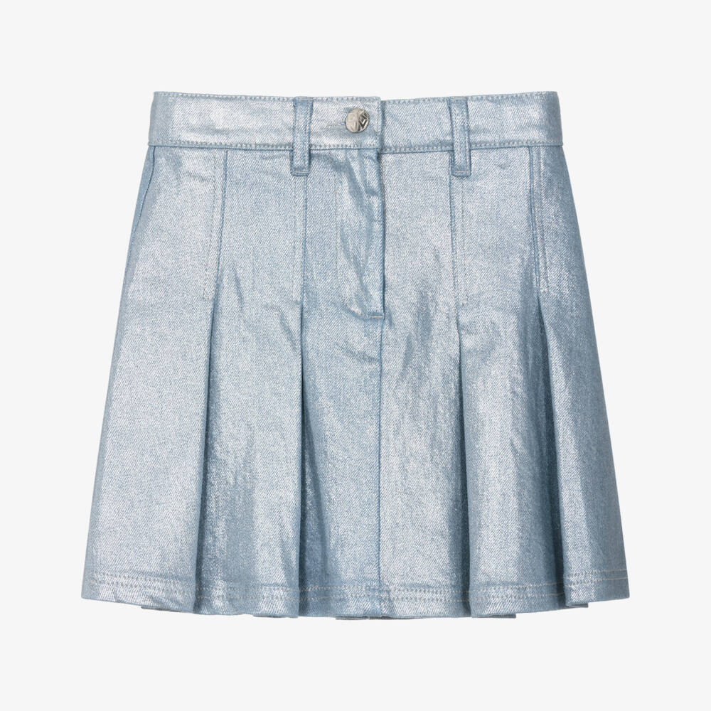 DKNY-Girls Blue Pleated Denim Skirt with Metallic Silver Finish | Childrensalon