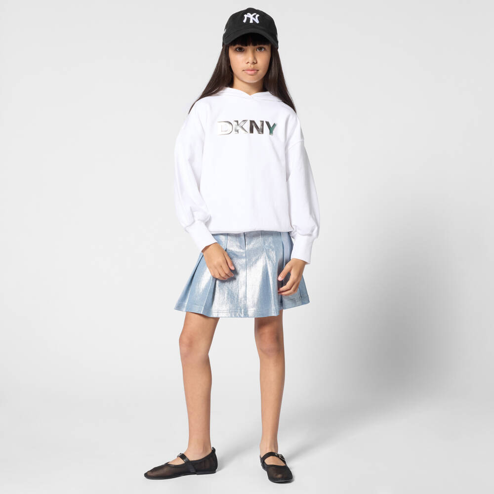 DKNY-Girls Blue Pleated Denim Skirt with Metallic Silver Finish | Childrensalon