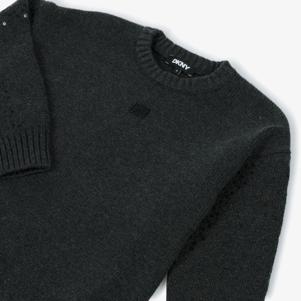 DKNY-فستان محبوك مزين بالترتر لون رمادي داكن | Childrensalon