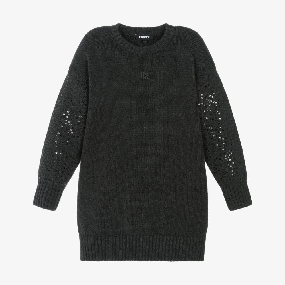 DKNY-فستان محبوك مزين بالترتر لون رمادي داكن | Childrensalon