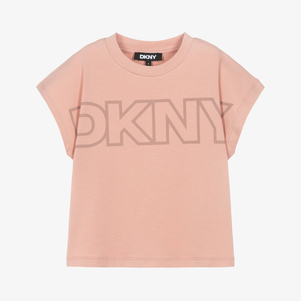 DKNY-تيشيرت بطبعة شعار لون زهري داكن للبنات | Childrensalon