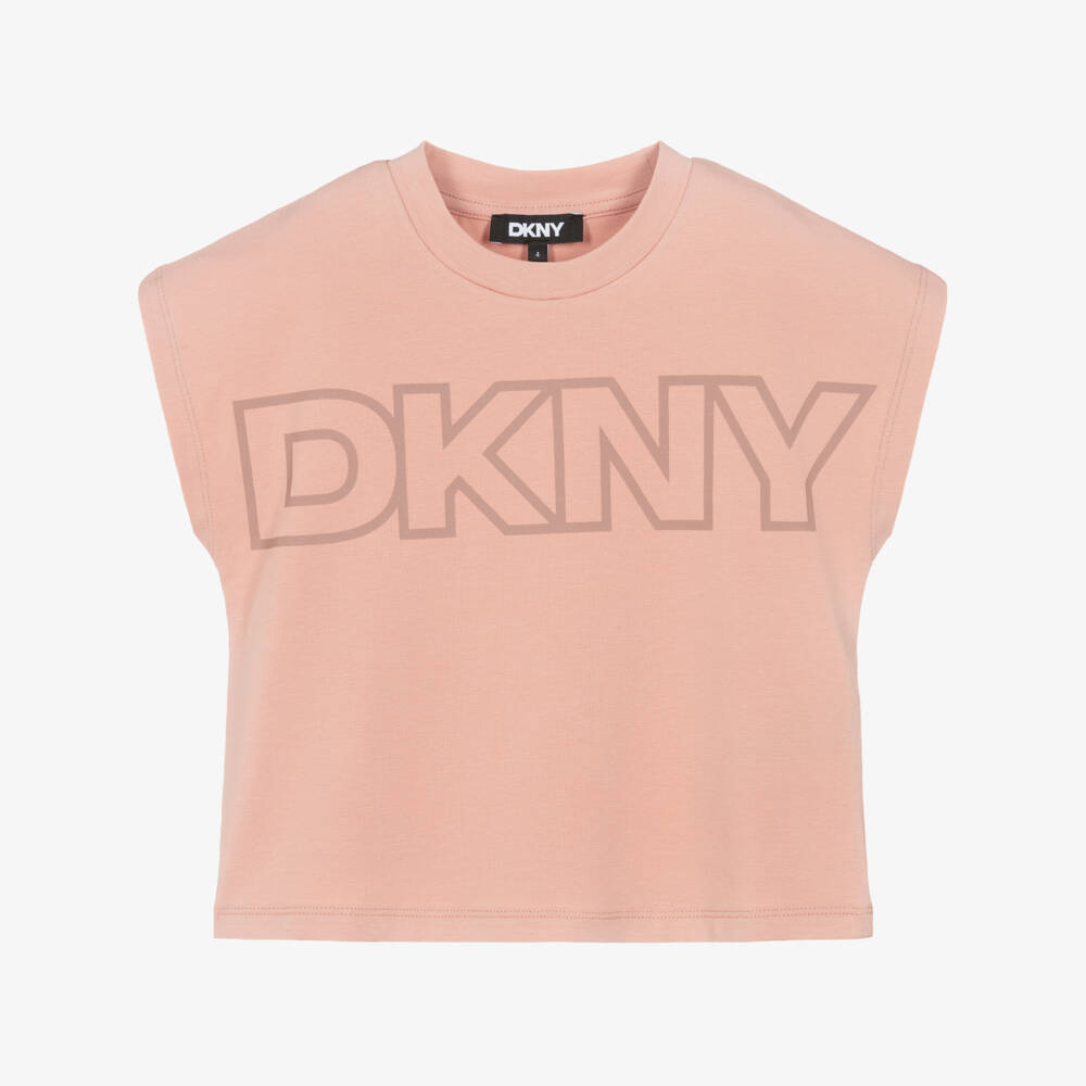 DKNY-تيشيرت بطبعة شعار لون زهري داكن للبنات | Childrensalon