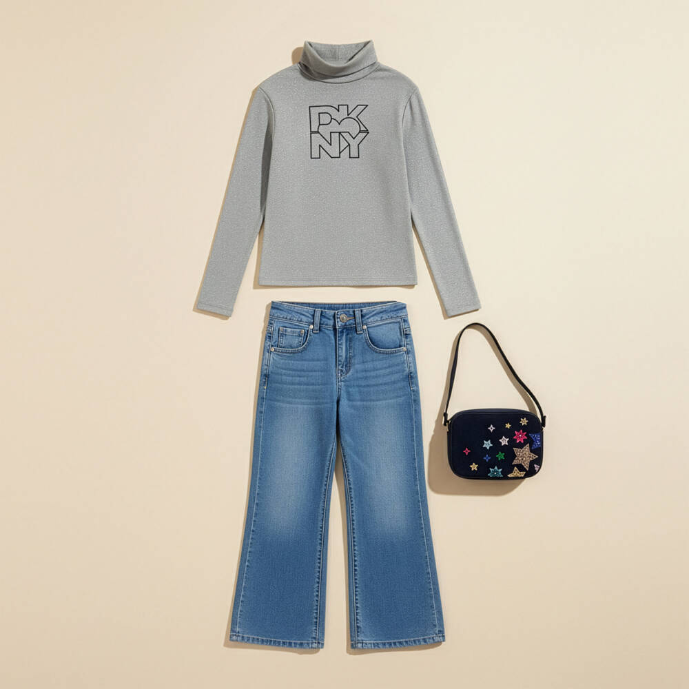 DKNY-توب برقبة عالية لون رمادي برّاق للبنات | Childrensalon