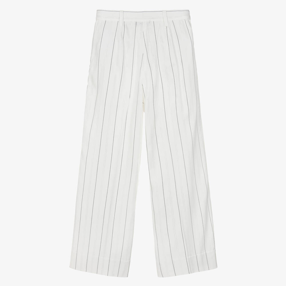 DKNY-Girls Ivory Black & Silver Pinstripe Trousers with Stacked Logo | Childrensalon