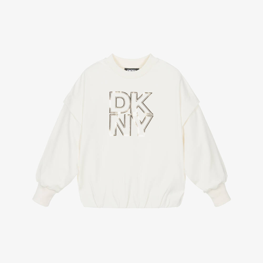 DKNY-Girls Ivory Jersey Sweatshirt with Shiny Gold Stacked Logo | Childrensalon