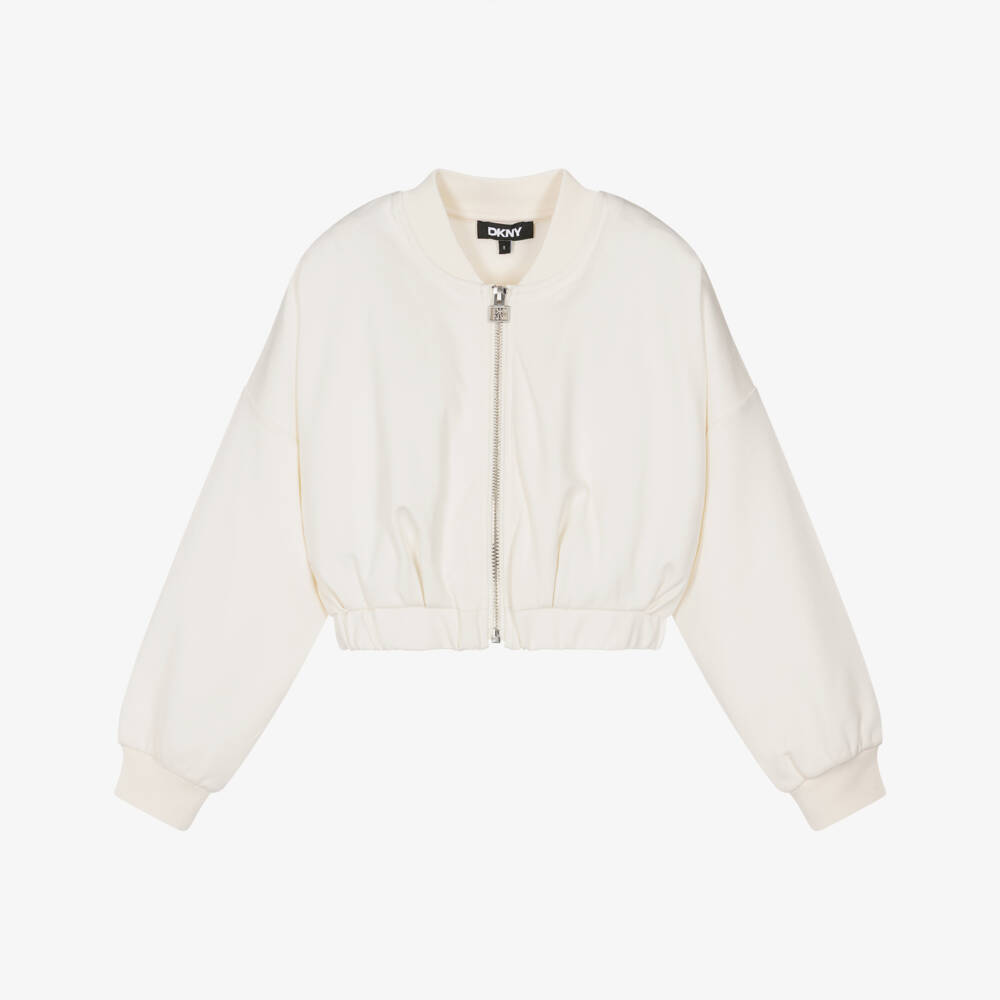DKNY-Girls Ivory Milano Jersey Bomber Zip-Up Top | Childrensalon