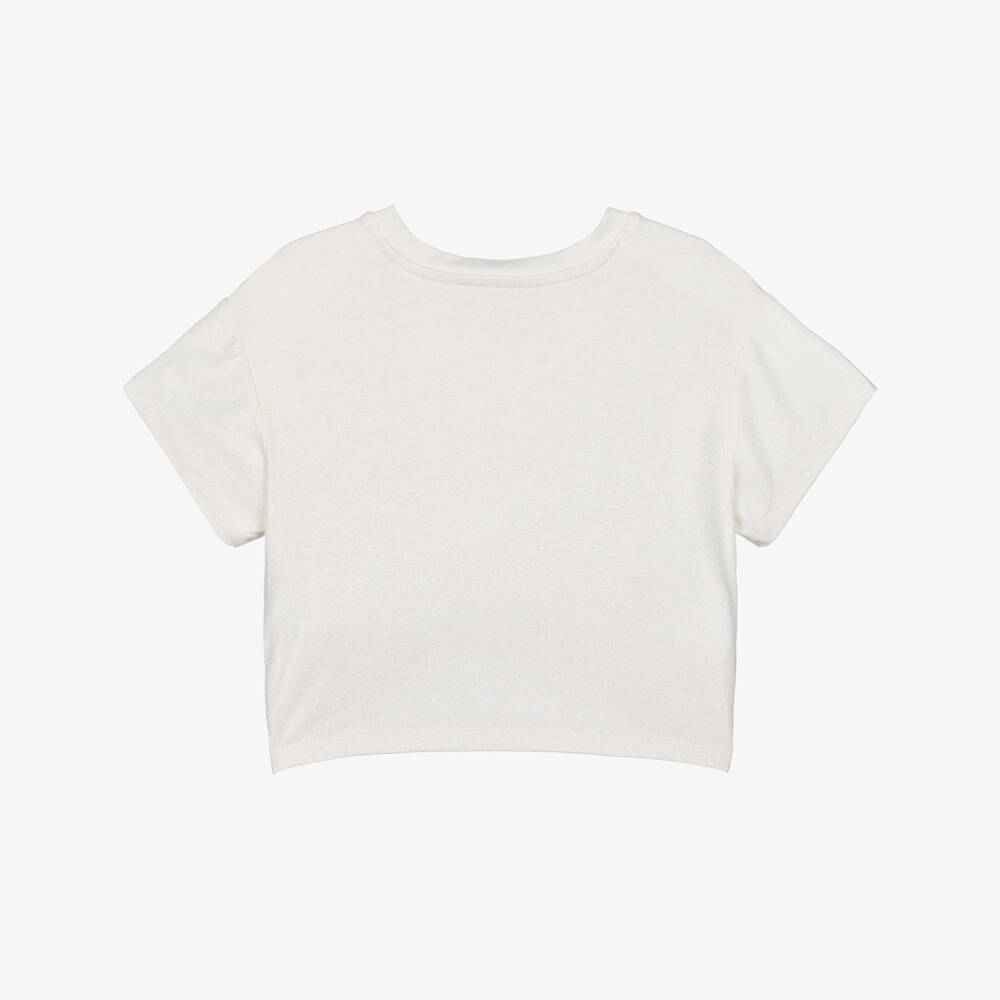 DKNY-Girls Ivory & Shimmery Gold Crop T-Shirt with Knot | Childrensalon