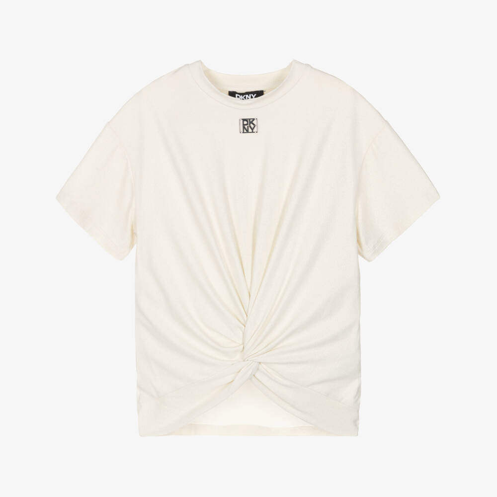 DKNY-Girls Ivory & Shimmery Gold Crop T-Shirt with Knot | Childrensalon