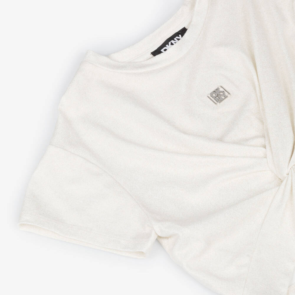 DKNY-Girls Ivory & Shimmery Gold Crop T-Shirt with Knot | Childrensalon