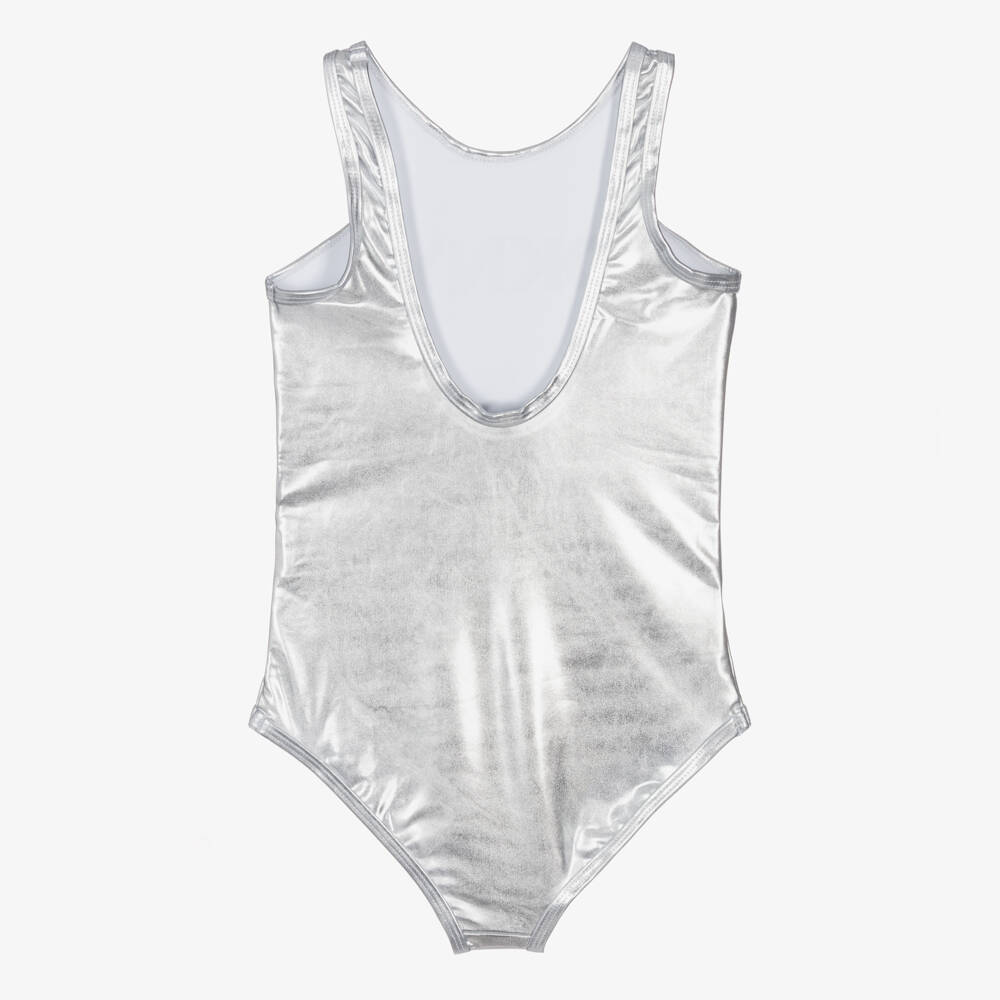 DKNY-Girls Metallic Silver Logo Swimsuit | Childrensalon